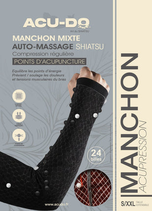 packaging recto_manchon_bras_acu-do_noir_rouge_douleurs bras_douleurs épaules_tendinites_tennis_elbow_douleurs_massage