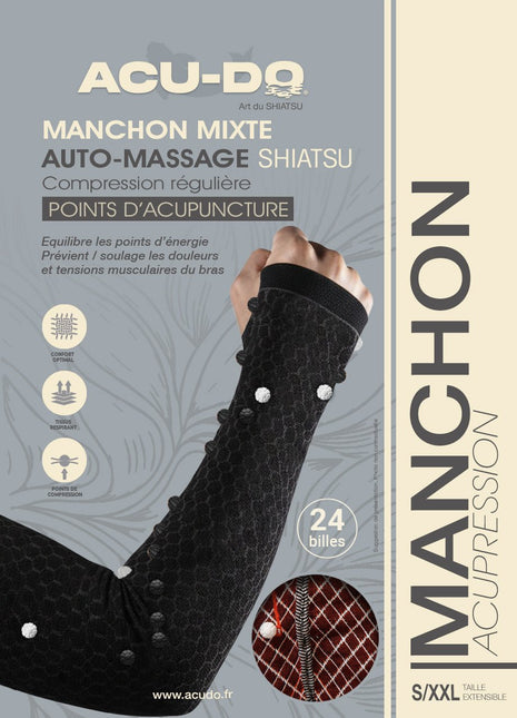 packaging recto_manchon_bras_acu-do_noir_rouge_douleurs bras_douleurs épaules_tendinites_tennis_elbow_douleurs_massage
